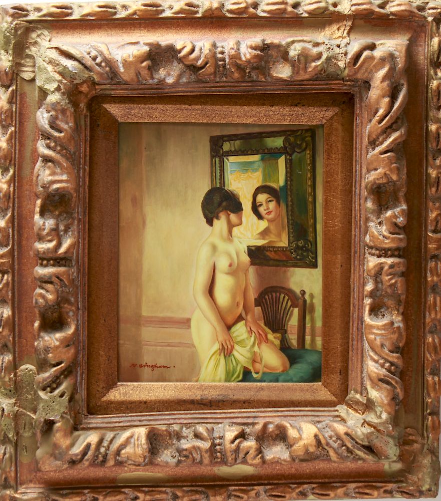 Appraisal: N Bingham Female Nude Reflection Oil on Board N Henry