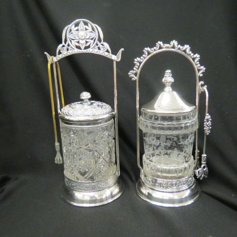 Appraisal: Victorian Pickle Castors pattern glass inserts silverplate bases with tongs