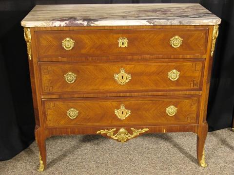 Appraisal: PAIR FRENCH PARQUETRY MARBLE COMMODES Circa - the Louis XV