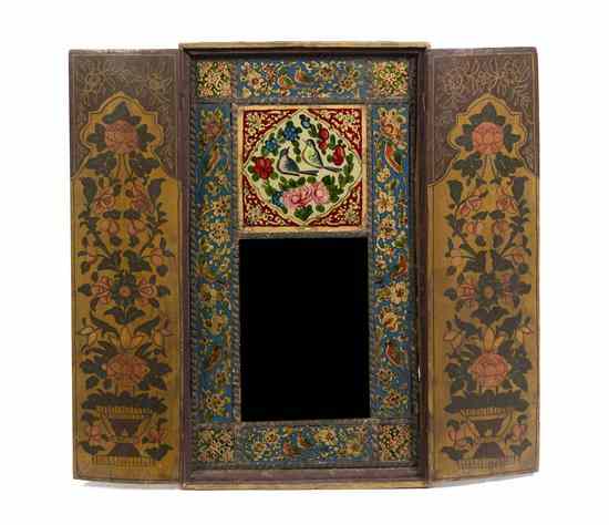 Appraisal: A Qajar Polychrome Painted Mirror Case having double hinged doors