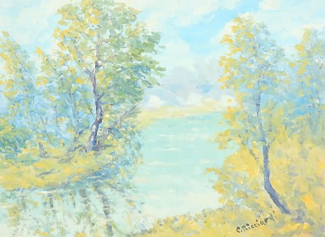 Appraisal: Trees along the river oil on canvas x SLR C