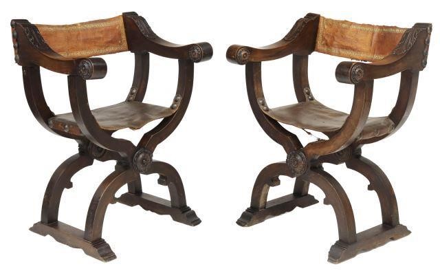 Appraisal: pair French Dagobert style oak chairs late th c worn