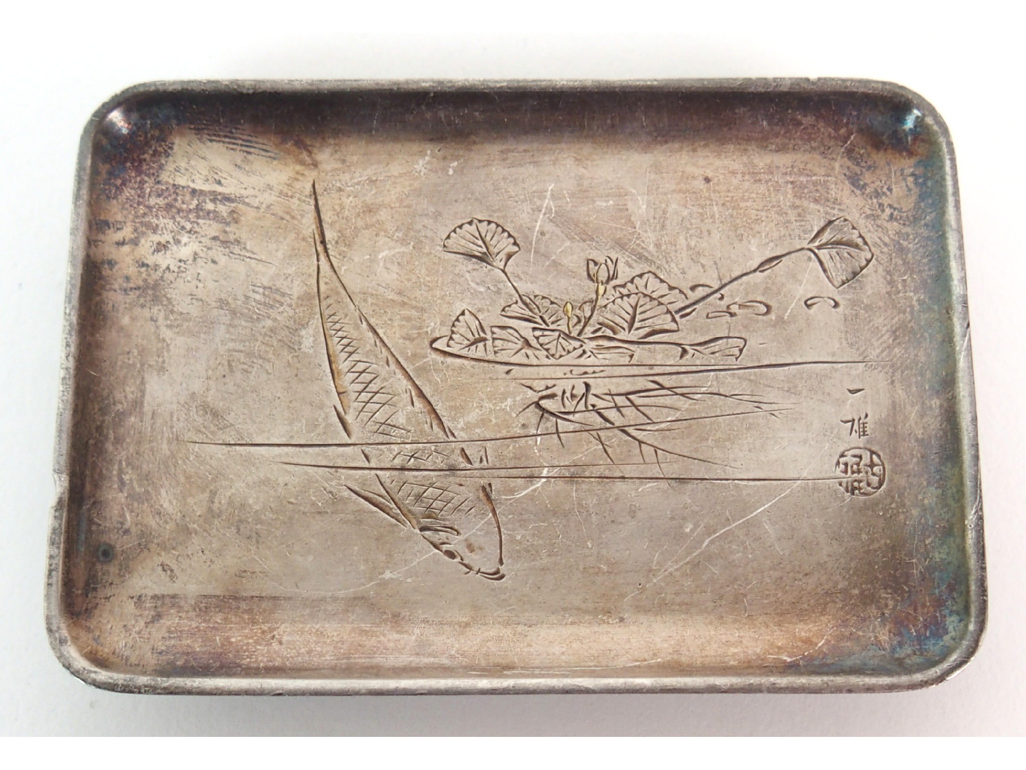 Appraisal: A Japanese silver rectangular small trayengraved with a fish and