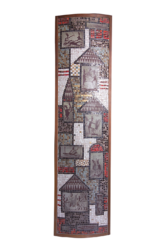 Appraisal: DAVID HOLLEMAN Large mosaic tile wall plaque depicting vignettes of