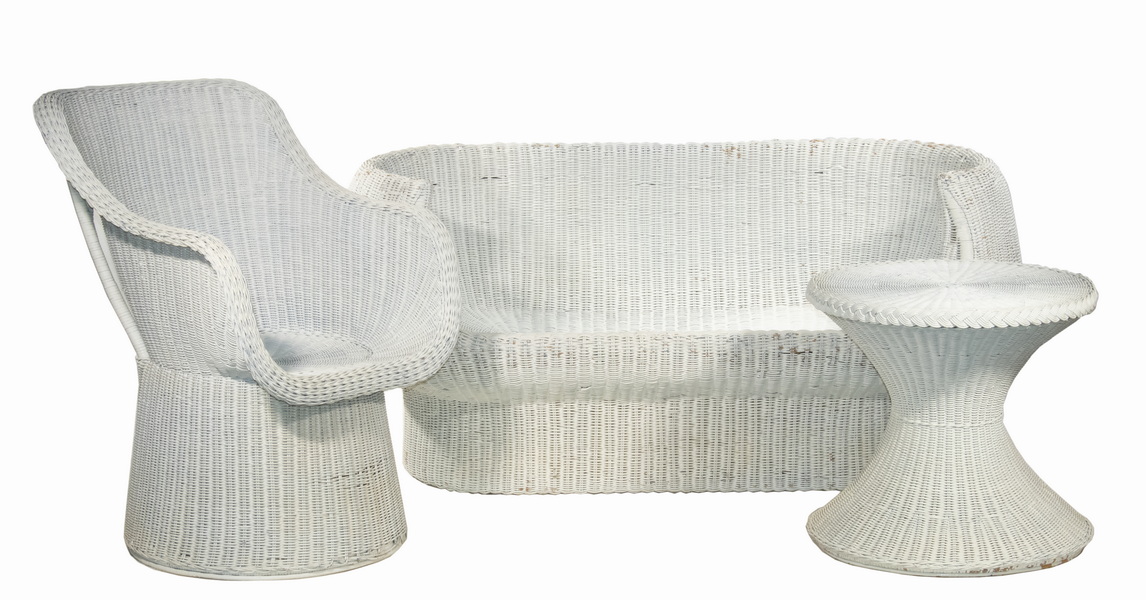 Appraisal: PC 'S SUNROOM WHITE WICKER GROUP Including 'Pod' Settee 'Scoop'