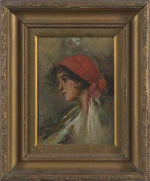 Appraisal: Continental Gypsy Girl Oil on Board Continental th century unsigned