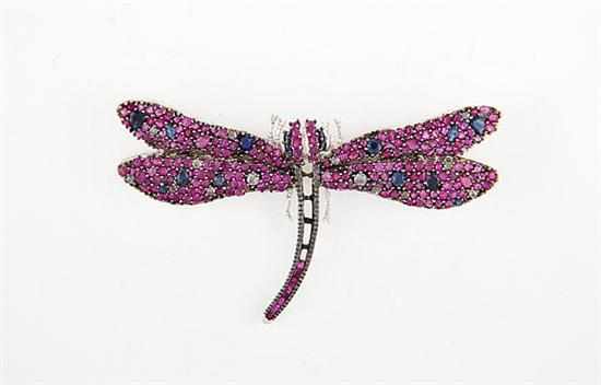 Appraisal: Unusual Art Deco dragonfly brooch circa ruby diamond and blue