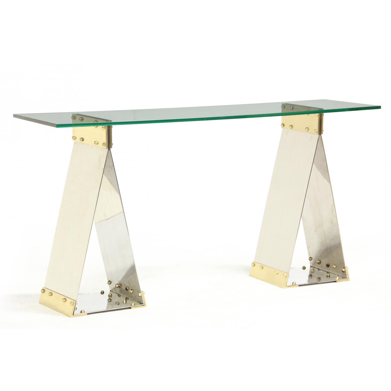 Appraisal: Industrial Sawhorse Style Console Table late th century solid polished