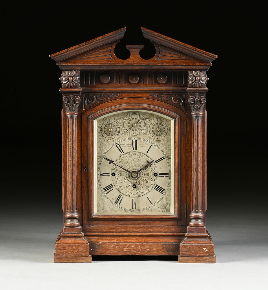 Appraisal: A NEOCLASSICAL REVIVAL OAK WESTMINSTER CHIME ON EIGHT BELLS CLOCK