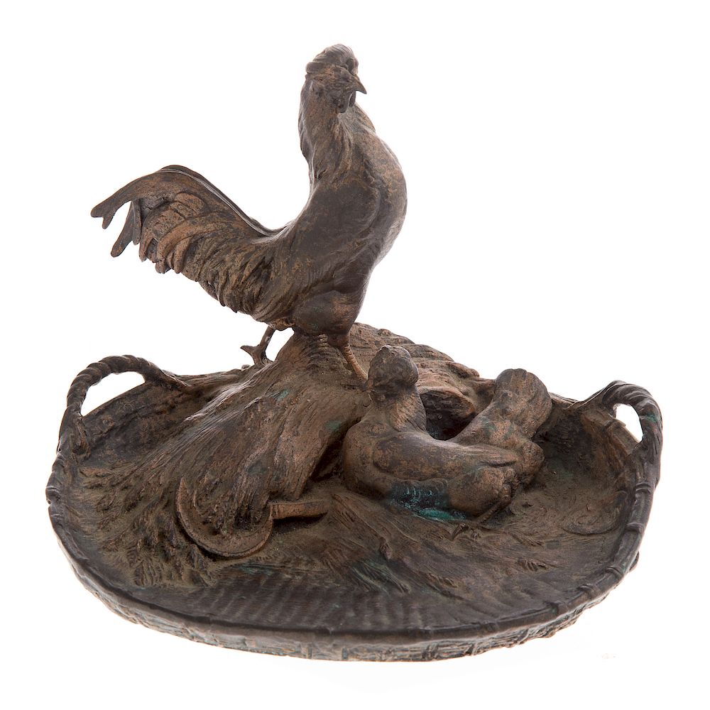 Appraisal: Auguste Cain Rooster and Hen Bronze Desk Tray French -