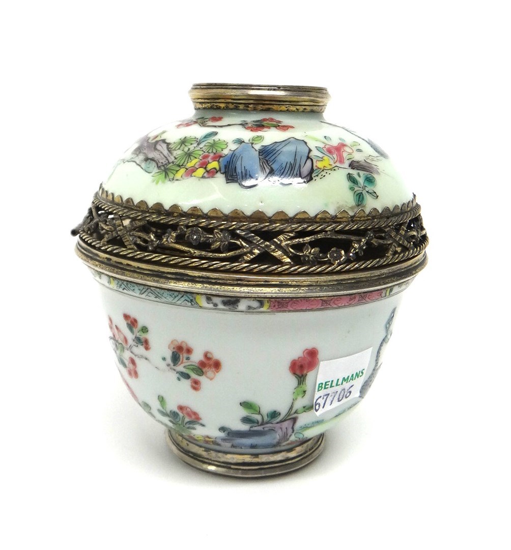 Appraisal: A Chinese famille-rose bowl and cover with later French silver