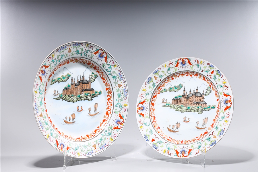 Appraisal: Two Chinese enameled porcelain plates each depicting boats near shoreline