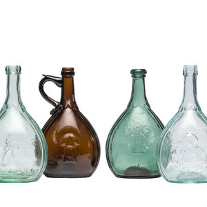 Appraisal: Six Molded Glass Calabash Bottles in Green Aqua Clear and