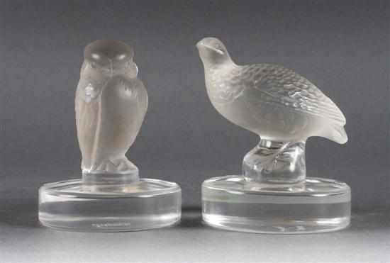 Appraisal: Two Lalique partial frosted glass bird-form place card holders songbird