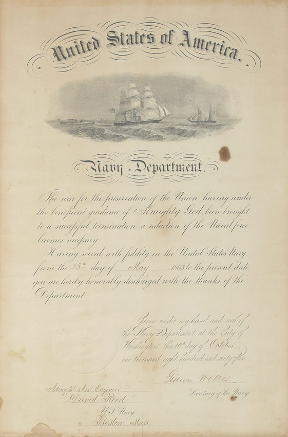 Appraisal: CIVIL WAR NAVAL DISCHARGE DOCUMENT Dated October th and signed