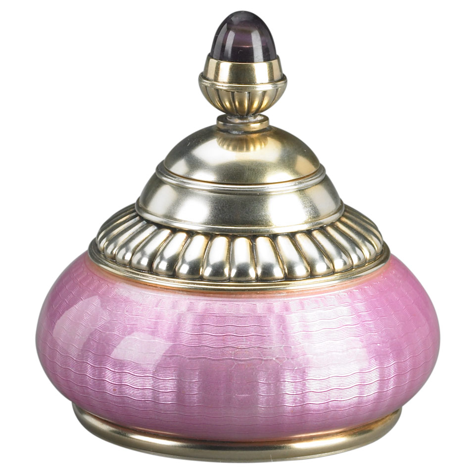 Appraisal: Russian Silver-Gilt and Engraved-Ground Translucent Pink Enamel Glue Pot Ivan