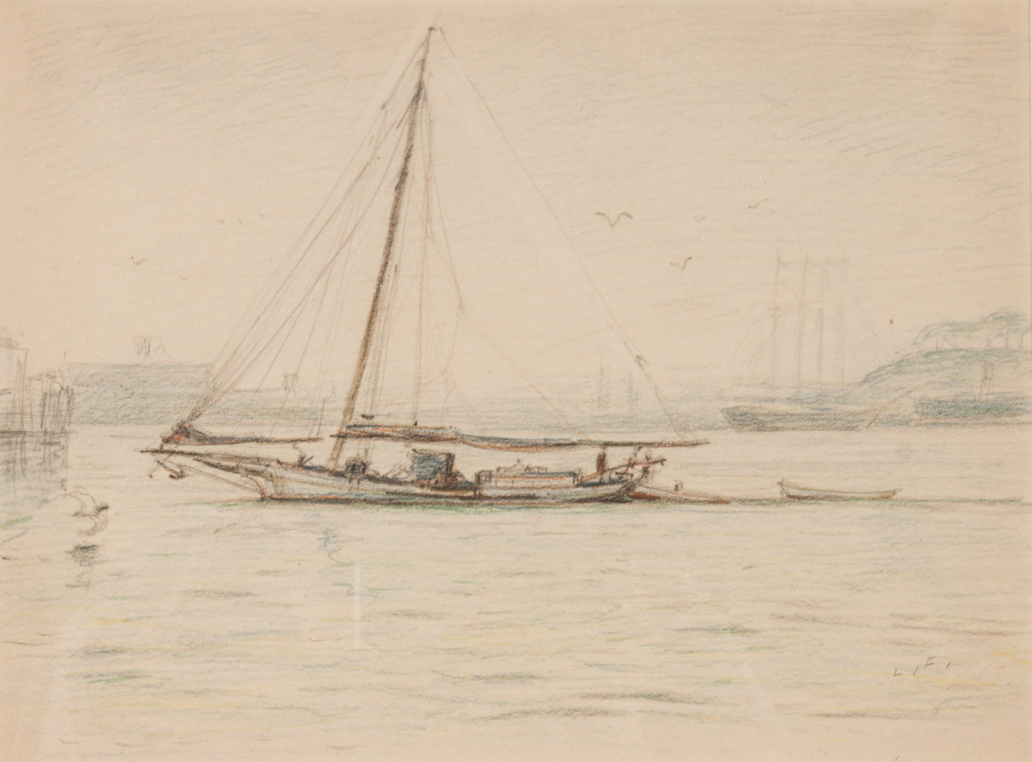 Appraisal: Louis Feuchter Skipjack at Harbor color pencil Louis J Feuchter