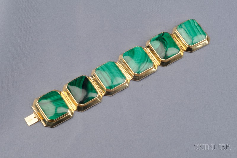 Appraisal: kt Gold and Malachite Bracelet composed of six bezel-set octagonal