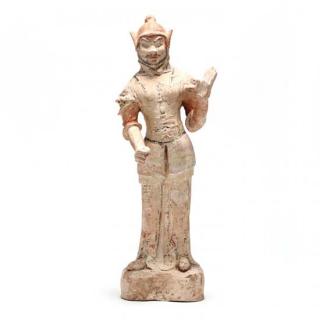 Appraisal: Tang Dynasty Painted Pottery Soldier the standing soldier is depicted