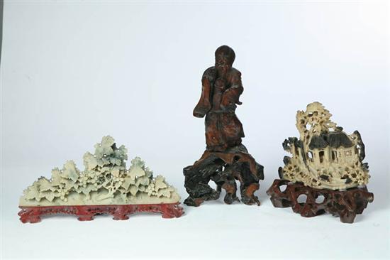 Appraisal: THREE CARVINGS China th century Two soapstone carvings Two-tone temple