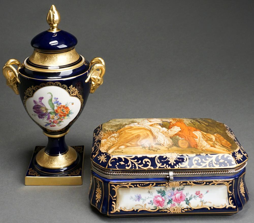 Appraisal: Lindner Gilt Decorated Cobalt Porcelain Lidded Urn and RS Prussia