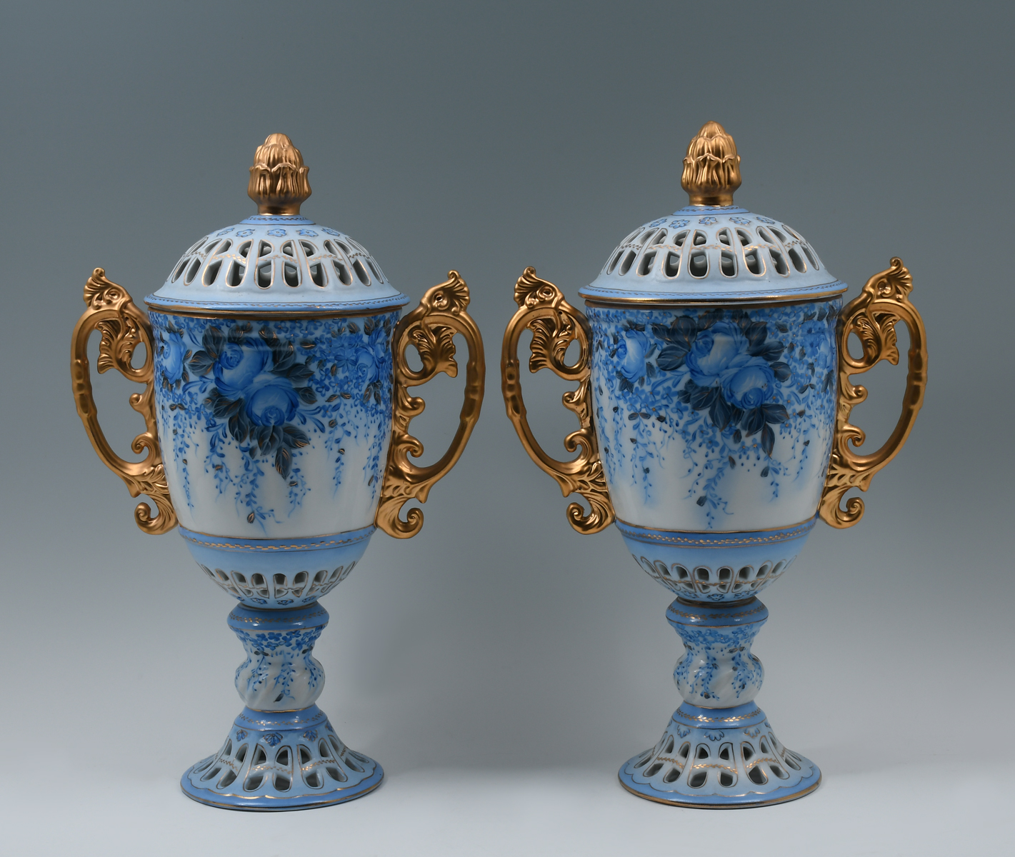 Appraisal: PAIR OF GERMAN DRESDEN PORCELAIN COVERED URNS Pair of large