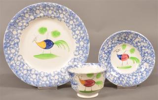 Appraisal: Blue Sponge Peafowl Plate Cup and Saucer Blue Sponge Peafowl