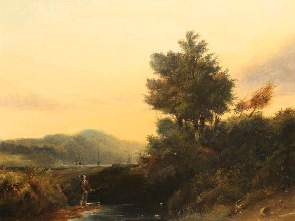 Appraisal: CIRCLE OF WILLAM CROME An angler on a river with