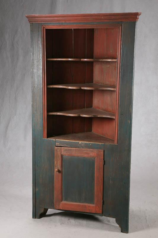 Appraisal: CORNER CUPBOARD Red and blue painted open top cupboard with