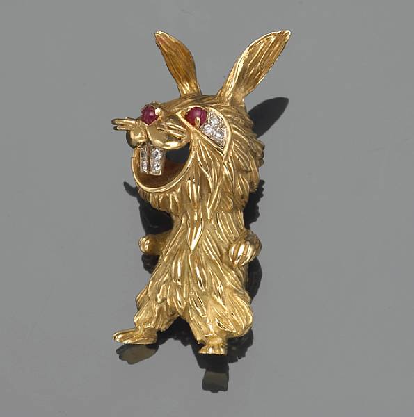 Appraisal: A cabochon ruby diamond and k gold rabbit brooch Hammerman