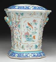 Appraisal: ORIENTAL BROUGH POT Wonderfully decorated brough pot has creamy white