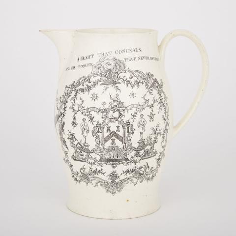 Appraisal: English Black Printed Creamware Masonic Jug c inscribed A HEART