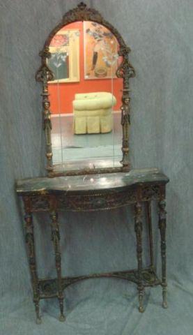 Appraisal: Art Deco Gilt Metal Marble Top Console Mirror In the