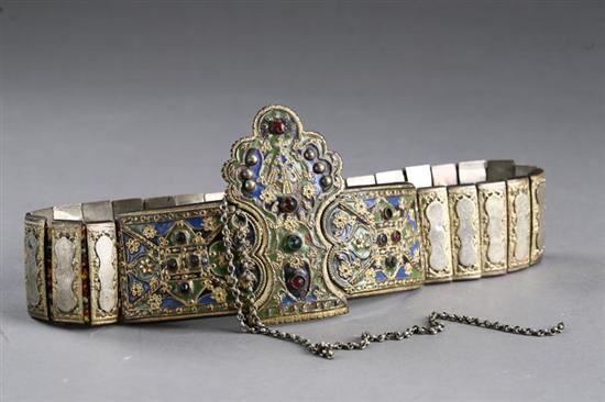 Appraisal: GREEK WEDDING BELT Nineteenth century fabric metal and enamel Cast