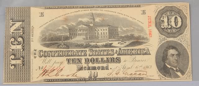 Appraisal: Ten dollar Confederate note April issue Friedberg CS- Uncirculated S