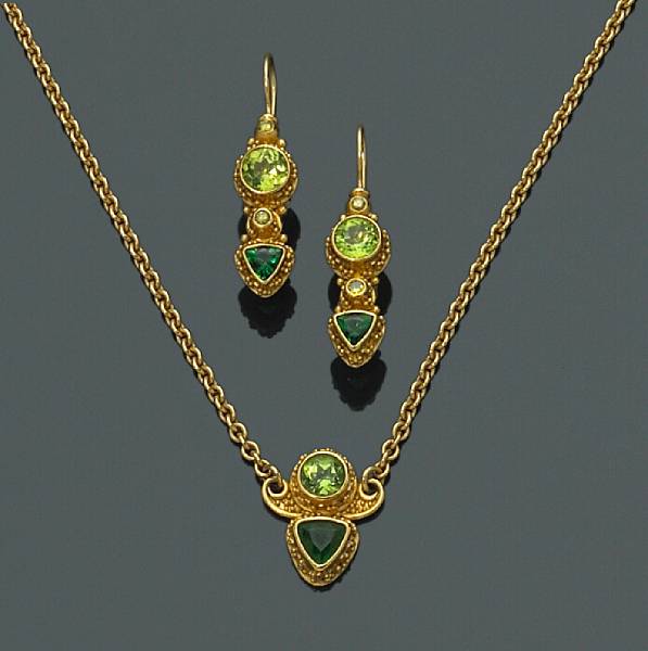 Appraisal: A set of peridot green tourmaline colored diamond k and