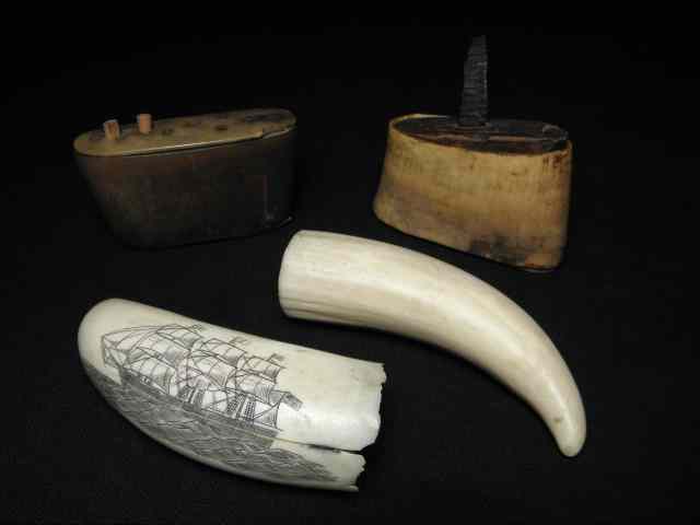 Appraisal: Lot of assorted scrimshaw carvings and snuff boxes Includes a