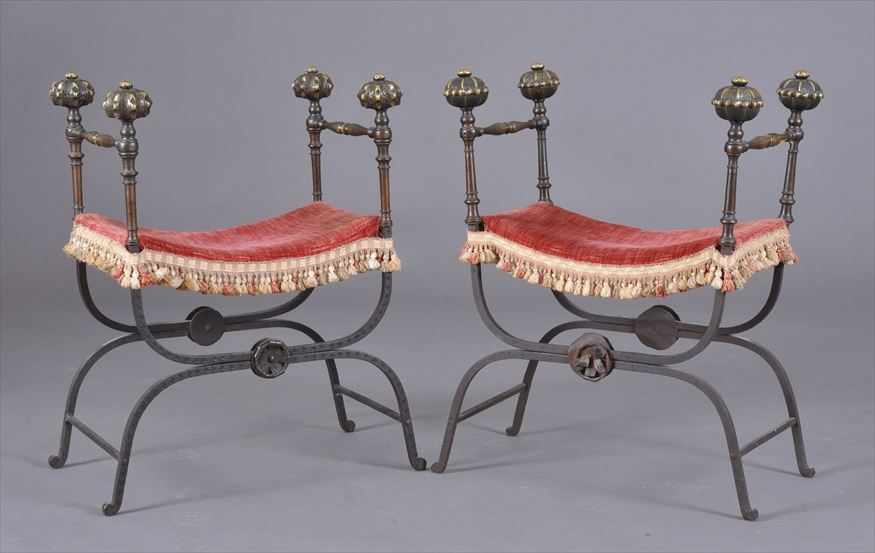 Appraisal: TWO SIMILAR ITALIAN RENAISSANCE STYLE BRASS AND WROUGHT-IRON FOLDING CURULE