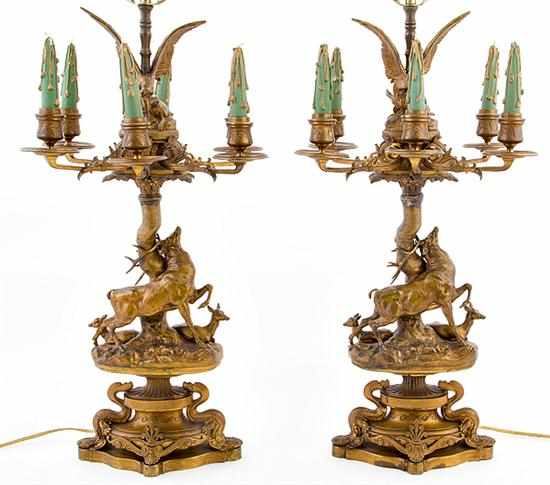 Appraisal: Rare pair Ferdinand Barbedienne bronze six-light candelabra French - eagle