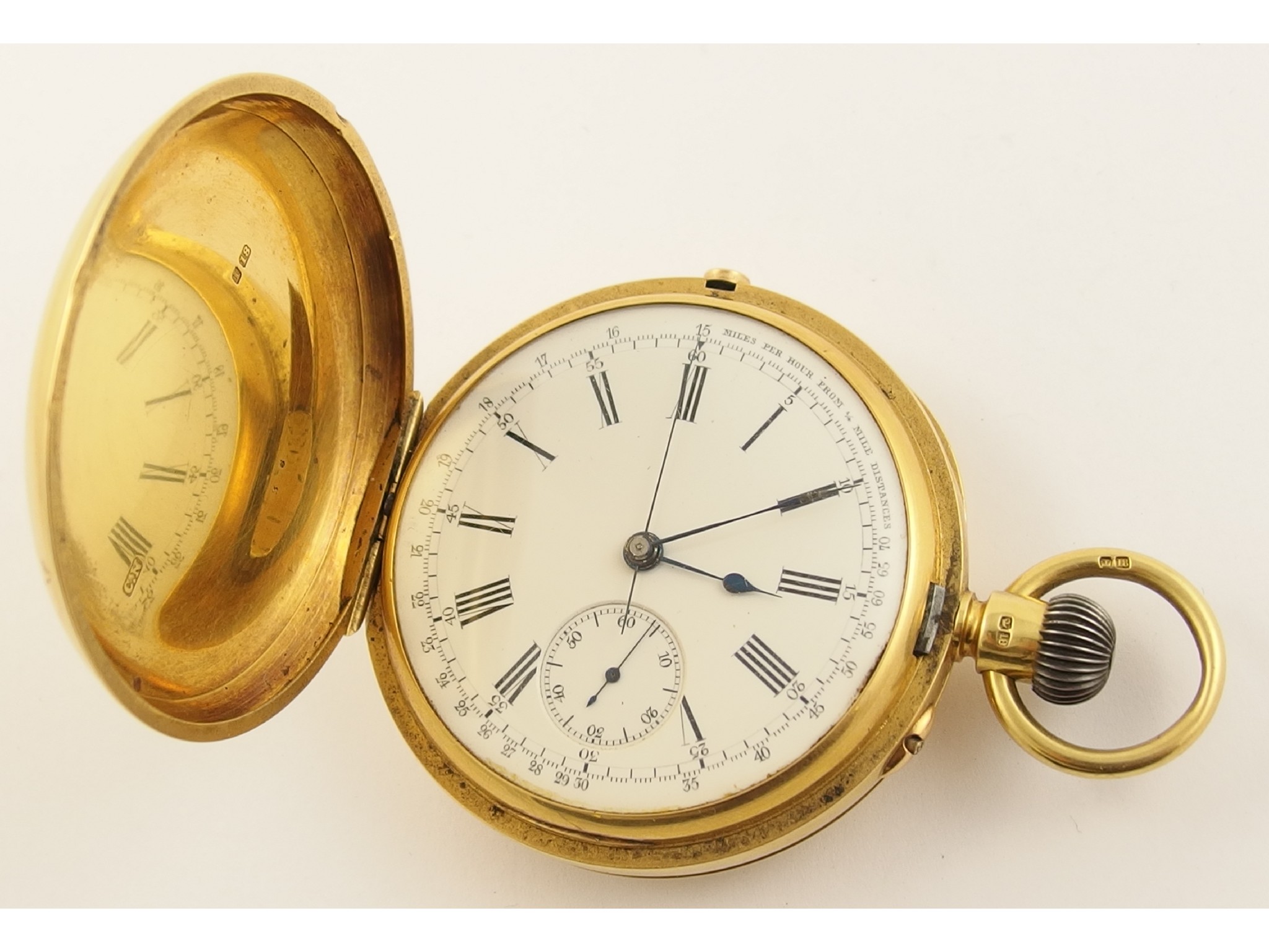 Appraisal: An ct gold pocket watch with chronograph facilitydial white enamelled