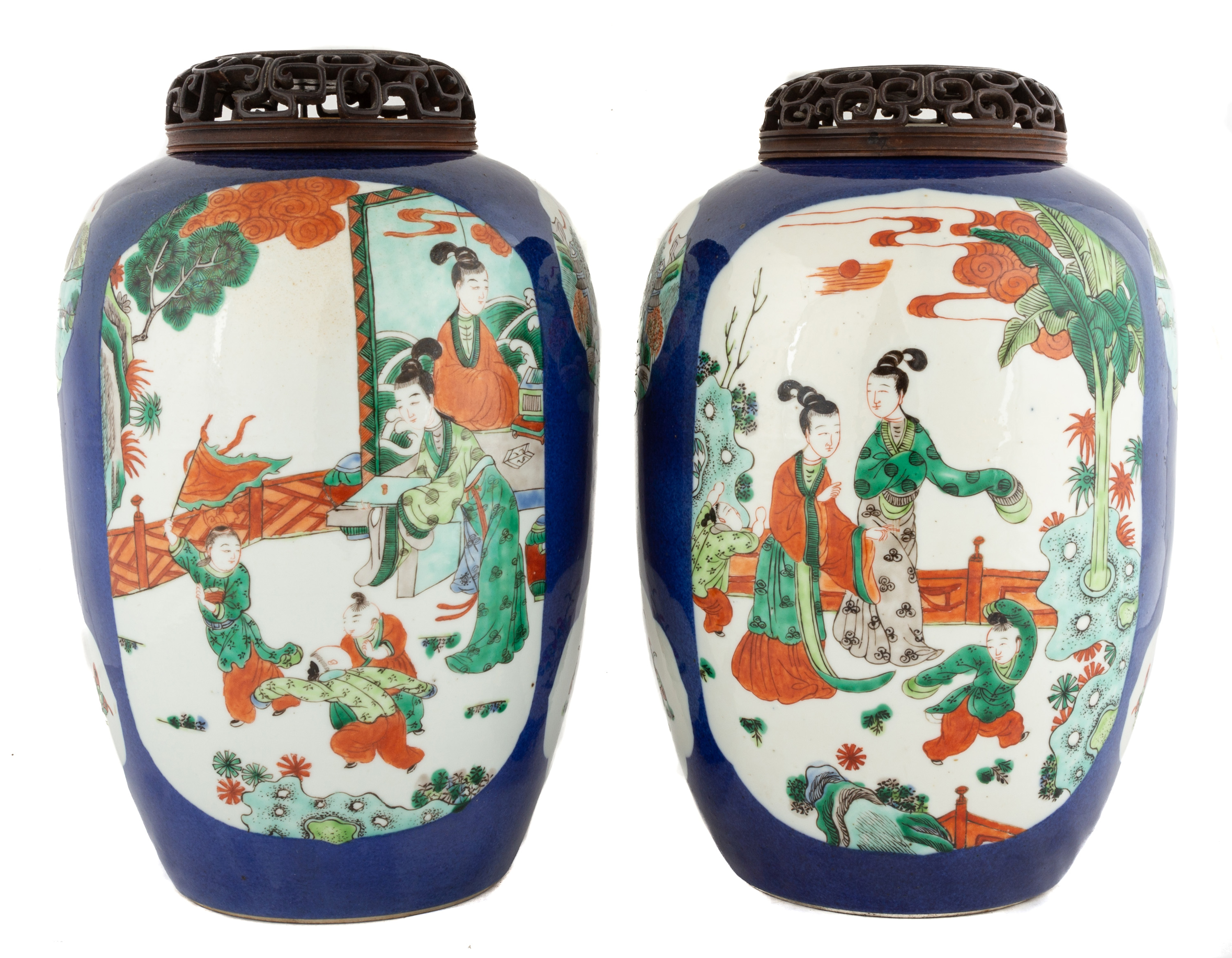 Appraisal: PAIR OF CHINESE PORCELAIN JARS Hand painted with pierce carved