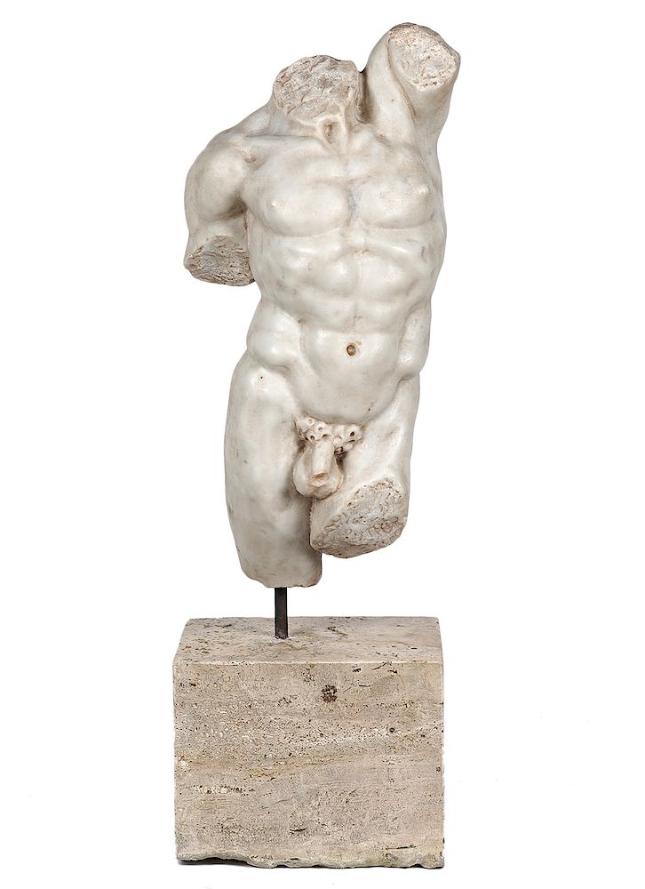 Appraisal: th C Marble Male Torso on Stone Base th C