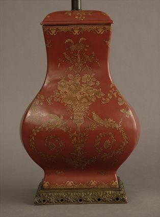 Appraisal: Chinese-Style Red-Ground Gilt Decorated Ceramic Vase Mounted as a Lamp