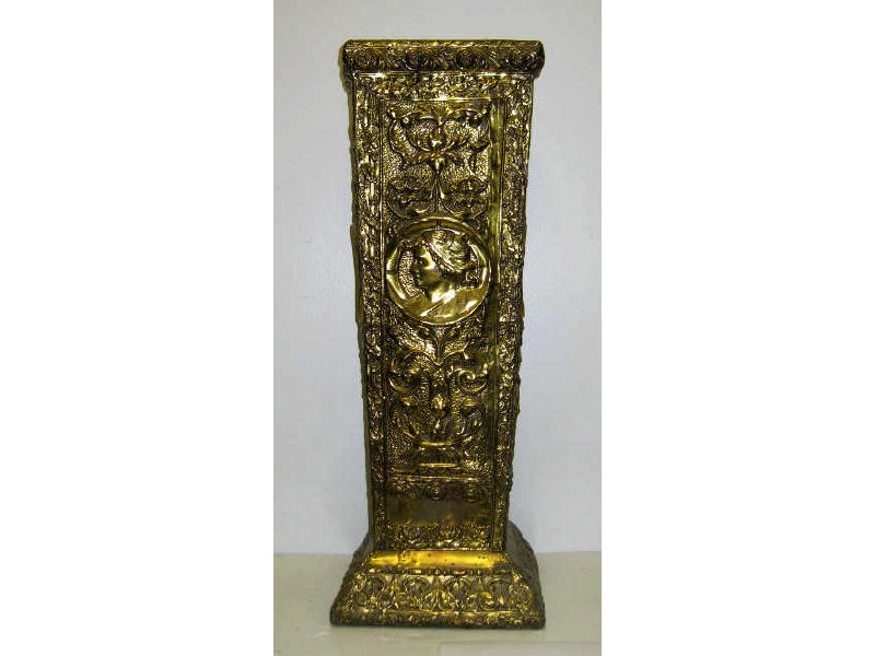 Appraisal: CONTINENTAL REPOUSSE BRASS UMBRELLA STAND Four-sided tapering form on square