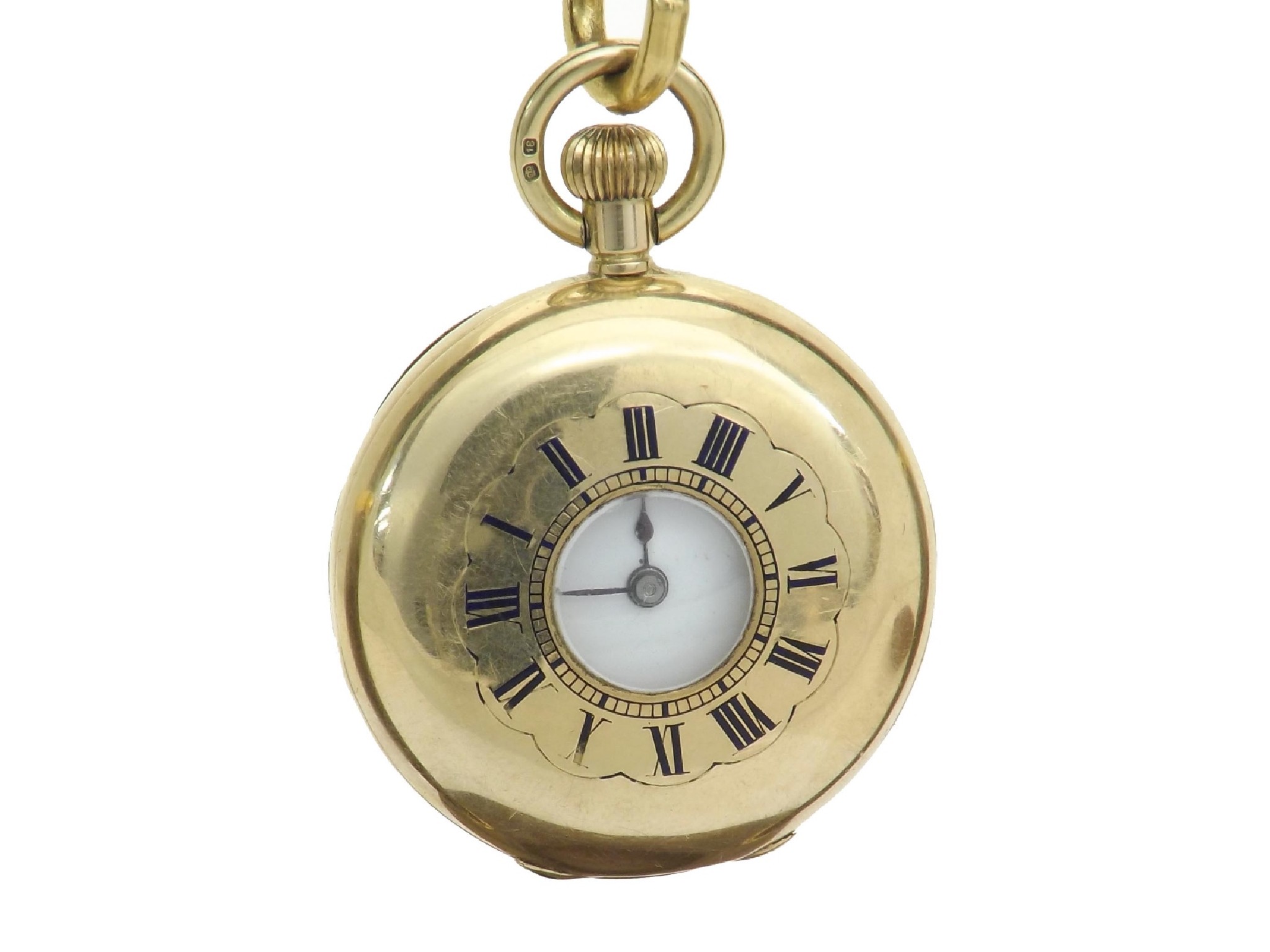 Appraisal: k lever half hunter fob watch gilt frosted bar movement