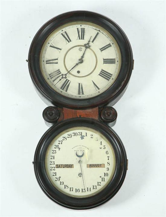 Appraisal: WATERBURY DOUBLE DIAL CALENDER CLOCK Eight day time only clock