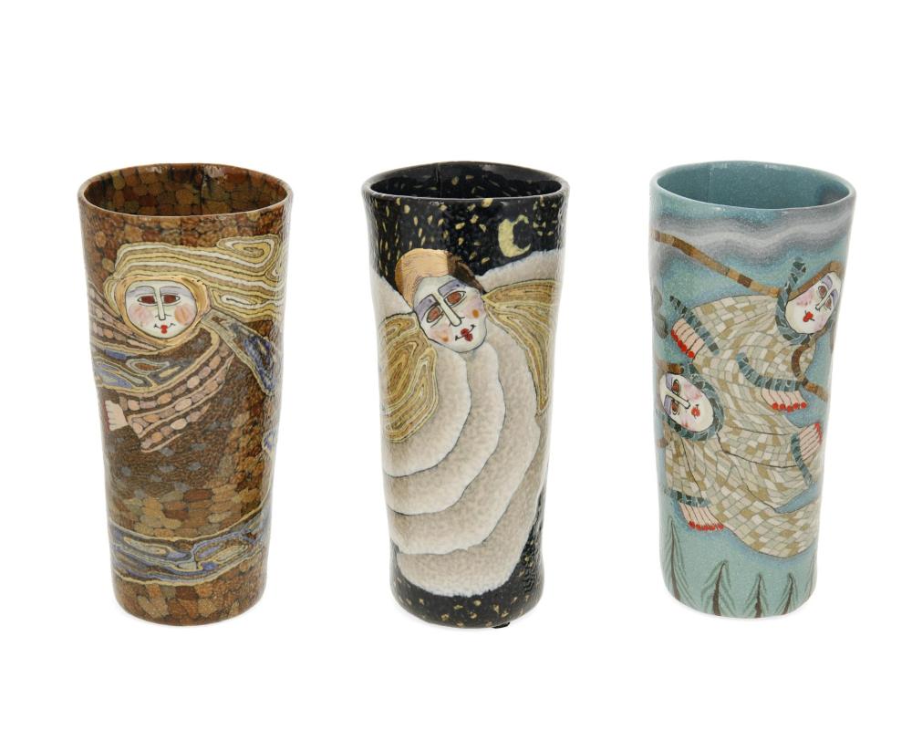 Appraisal: Jane Peiser b American Three tumblers with conforming interior decoration