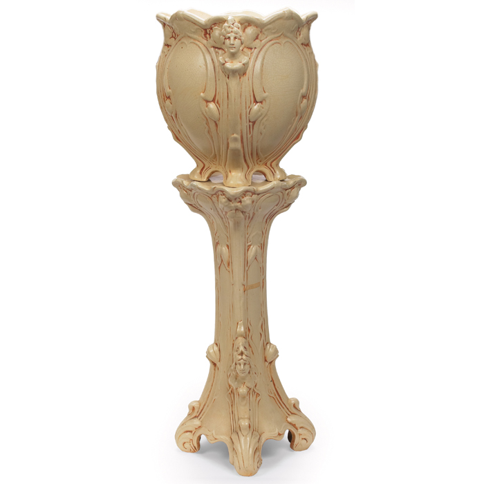 Appraisal: Weller Ivory jardiniere and pedestal largeform with elaborate Art Nouveau