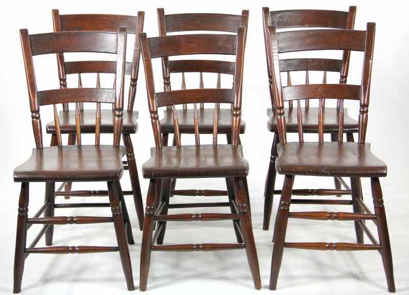 Appraisal: Set of Six Plank Seat Kitchen Chairsladder and spindle backs