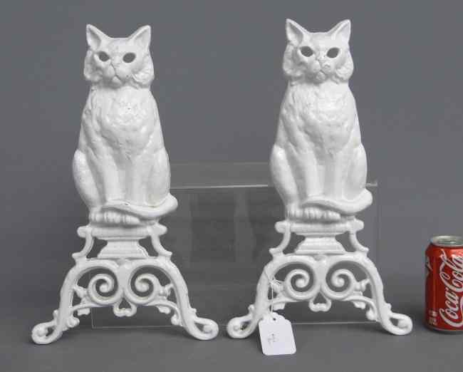 Appraisal: Pair cat andirons in white paint missing dogs '' Ht